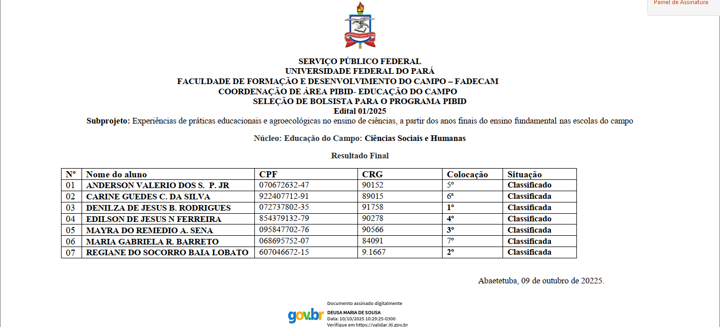 Resultado Final - SELEÇÃO DE BOLSISTA PARA O PROGRAMA PIBID